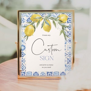 Mediterrane blauwe tegel aangepaste bordsjabloon, bewerkbaar bord vrijgezellenfeest, gunsten, geschenken en kaarten, afdrukbare tafelborden, citroen, Italiaans