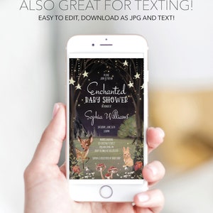 May include: A digital invitation for a baby shower with a woodland theme. The invitation features a dark forest scene with glowing lights, a deer, a rabbit, and mushrooms. The text reads "Please join us for an Enchanted Baby Shower in honor of Sophia Williams. Saturday, June 26th, 3:00PM. Morris Garden, 13 Chestnut Street, Philadelphia, PA. RSVP to Emily at 555.220. Sophia is registered at Baby Shop."
