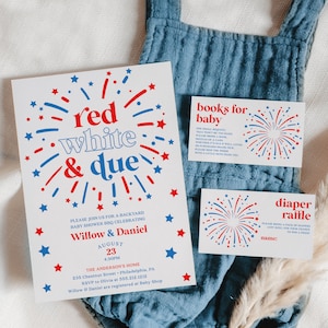 Rood wit en due baby shower uitnodiging set sjabloon, afdrukbare bewerkbare, bedankkaart, luierloterij, boeken voor baby, zomer baby Q, 4e
