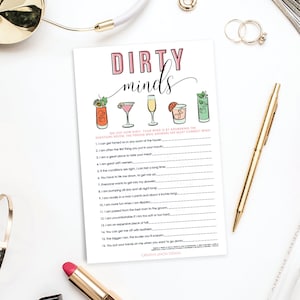 Dirty Minds Game, Funny, Bachelorette Party Games, Printable Bachelorette Game, Hen Party, Instant Download, Vintage Cocktails
