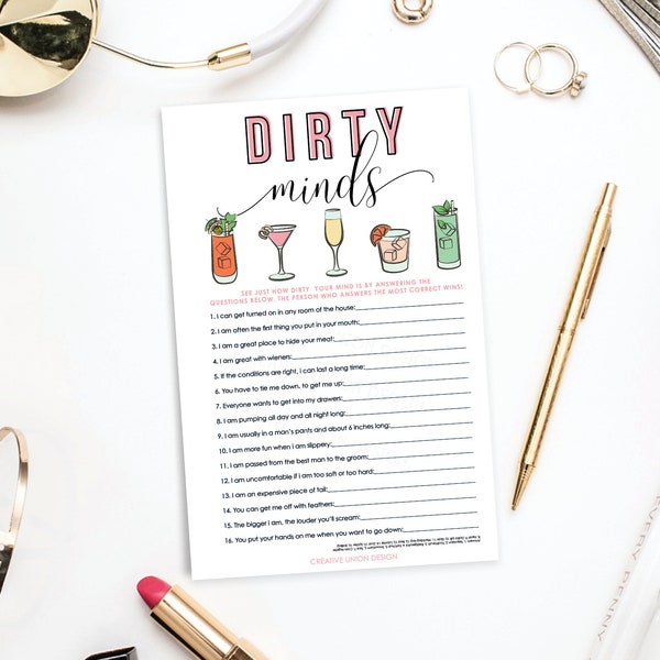 Dirty Minds Game, Funny, Bachelorette Party Games, Printable Bachelorette Game, Hen Party, Instant Download, Vintage Cocktails