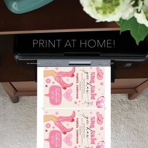 May include: Two printable invitations for a bachelorette weekend in Nashville, Tennessee. The invitations feature a pink and white color scheme with a graphic of a woman wearing cowboy boots and the text "She said yee haw!" and "Please join us for a bachelorette weekend celebrating Sophia Anderson. See you in Nashville August 23-26."
