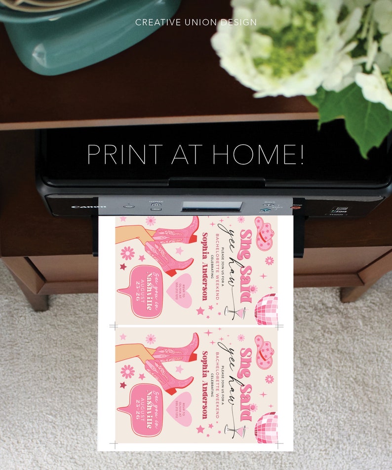 May include: Two printable invitations for a bachelorette weekend in Nashville, Tennessee. The invitations feature a pink and white color scheme with a graphic of a woman wearing cowboy boots and the text "She said yee haw!" and "Please join us for a bachelorette weekend celebrating Sophia Anderson. See you in Nashville August 23-26."