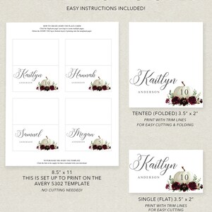 May include: White place card templates with elegant calligraphy names and pumpkin illustrations. The cards include the text "Kaitlyn", "Hannah", "Samuel", and "Megan". The text "THREE FILES INCLUDED" is at the top. The dimensions are 3.5" x 2".