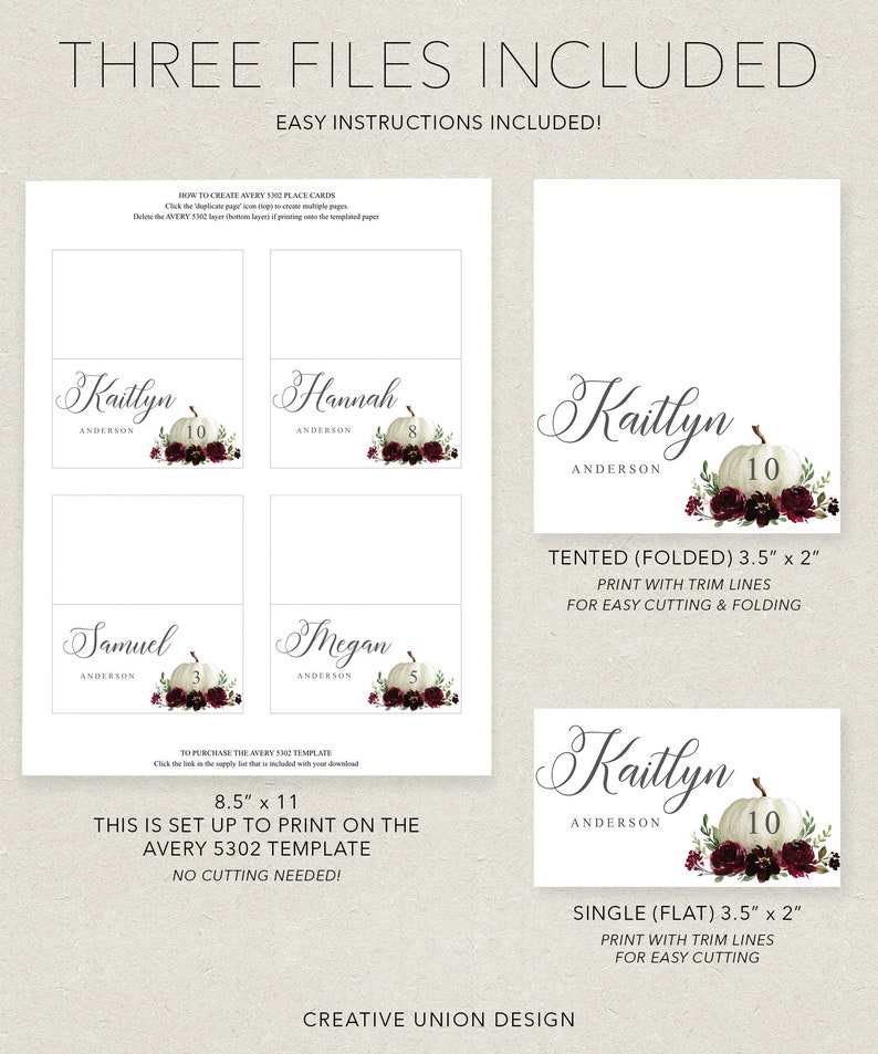 May include: White place card templates with elegant calligraphy names and pumpkin illustrations. The cards include the text "Kaitlyn", "Hannah", "Samuel", and "Megan". The text "THREE FILES INCLUDED" is at the top. The dimensions are 3.5" x 2".
