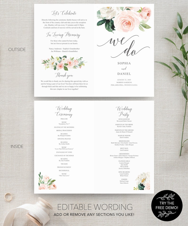 Folded Wedding Program Template, Printable Wedding Programs, Editable ...