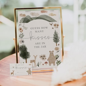 Sjabloon hoeveel kussen spel, babyshowerspel, kusspel, bord en kaarten, verjaardagsfeestje, bohobos, hert, beer, konijn, rustiek