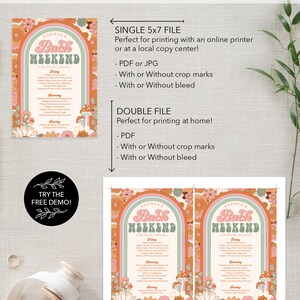 May include: A printable bachelorette party itinerary with a retro 70s theme. The itinerary is titled "Sophia's Bach Weekend" and includes a list of activities for Friday, Saturday, and Sunday in Las Vegas, Nevada. The design features a rainbow archway with flowers and mushrooms.