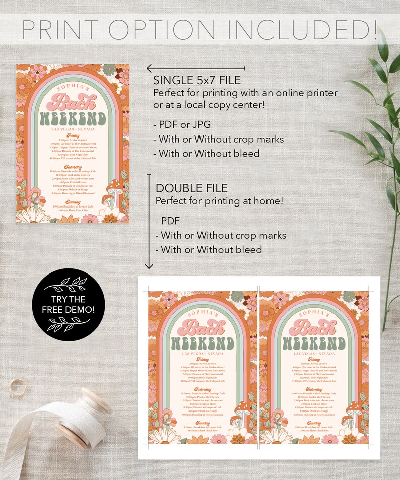 May include: A printable bachelorette party itinerary with a retro 70s theme. The itinerary is titled "Sophia's Bach Weekend" and includes a list of activities for Friday, Saturday, and Sunday in Las Vegas, Nevada. The design features a rainbow archway with flowers and mushrooms.
