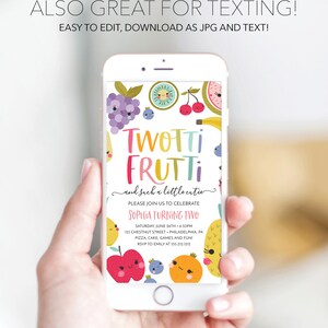 May include: A colorful digital invitation for a child's second birthday party. The invitation features a cartoon illustration of fruit with the text "Twotti Frutti and such a little cutie". The invitation includes the child's name, Sophia, the date and time of the party, the address, and RSVP information.