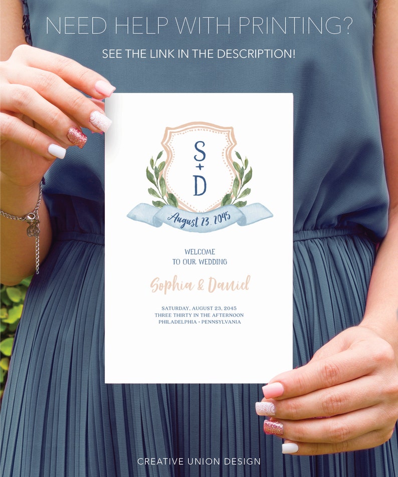 Folded Wedding Program Template, Printable Wedding Program, Editable Wedding Ceremony Program, Instant Download, Watercolor Crest, Painted image 10