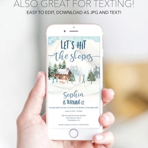 K&ouml;nnte beinhalten: Ein Smartphone zeigt eine winterliche Einladung mit dem Text &bdquo;Let's Hit the Slopes&ldquo;. Die Einladung zeigt eine Aquarellillustration eines Chalets, B&auml;ume und Skier. Der Text enth&auml;lt auch den Namen &bdquo;Sophia&ldquo; und Details zur Veranstaltung.