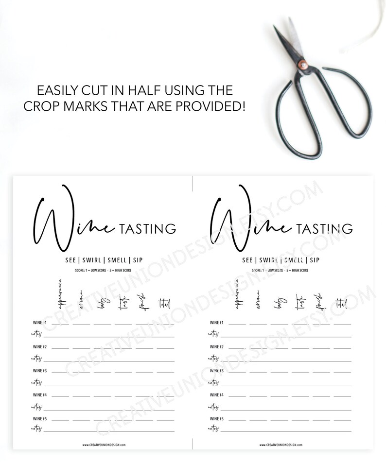 May include: Printable wine tasting sheet with a black and white design. The sheet has sections for "See", "Swirl", "Smell", and "Sip" with lines for notes. The text "Wine Tasting" is at the top of the sheet.