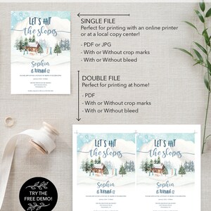K&ouml;nnte beinhalten: Eine Einladung zum Thema Winter mit dem Text "Let's Hit the Slopes" und "Sophia is Turning 12". Das Design zeigt eine Aquarellillustration eines Chalets, B&auml;umen und einem schneebedeckten Berg. Druckoptionen sind als Einzel- oder Doppelfile aufgef&uuml;hrt.