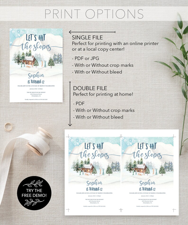 K&ouml;nnte beinhalten: Eine Einladung zum Thema Winter mit dem Text "Let's Hit the Slopes" und "Sophia is Turning 12". Das Design zeigt eine Aquarellillustration eines Chalets, B&auml;umen und einem schneebedeckten Berg. Druckoptionen sind als Einzel- oder Doppelfile aufgef&uuml;hrt.
