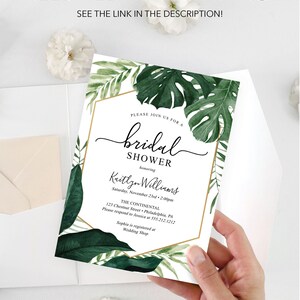May include: A white bridal shower invitation with green tropical leaves and gold accents. The invitation reads "Please join us for a bridal shower honoring Kaitlyn Williams, Saturday, November 23rd, 2:00pm, The Continental, 123 Chestnut Street, Philadelphia, PA. Please respond to Jessica at 555.212.1212. Sophia is registered at Wedding Shop."