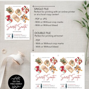 May include: A Secret Santa gift exchange invitation template featuring watercolor illustrations of wrapped presents. The text includes 'Secret Santa', 'Gift Exchange', 'December 15', and event details. The layout shows single and double file print options.