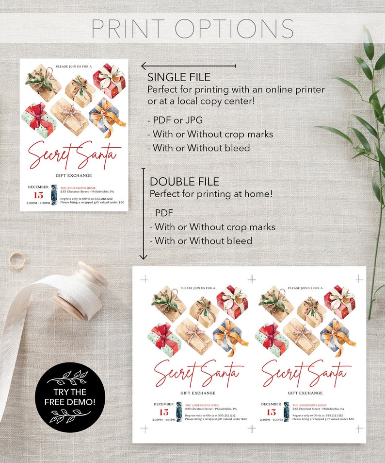 May include: A Secret Santa gift exchange invitation template featuring watercolor illustrations of wrapped presents. The text includes 'Secret Santa', 'Gift Exchange', 'December 15', and event details. The layout shows single and double file print options.