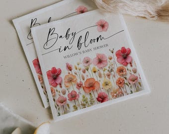 PRINTED & FREE SHIPPING Custom Cocktail Napkins | Wildflower Baby Shower | Personalized Napkins | Girl Baby Shower Decor | Flower Stems