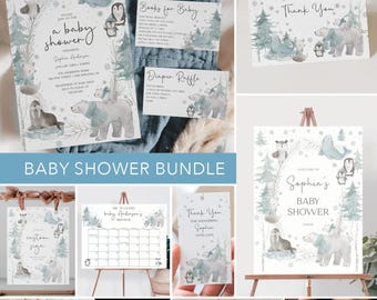 Könnte beinhalten: Ein Babyparty-Set mit Einladungen, Dankeskarten und Losen. Die Designs zeigen Aquarellillustrationen von Eisbären, Robben, Pinguinen und Bäumen im Winterthema. Der Text enthält "Baby Shower Bundle".