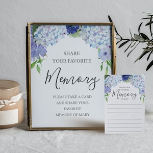 Plantilla de tarjeta de memoria para compartir con hortensias azules vintage, recuerdo favorito imprimible, cartel funerario, celebración de la vida, recuerdo amoroso, recuerdo
