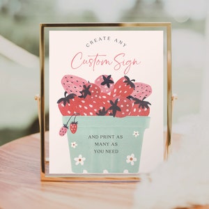Bearbeitbare benutzerdefinierte Schildvorlage, Beere süß, benutzerdefinierte Geburtstagsfeierschild, Gefälligkeiten, Geschenke und Karten, druckbare Tischschilder, Beere erster Geburtstag