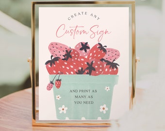 Könnte beinhalten: Ein druckbares Schild mit weißem Hintergrund und goldenem Rahmen. Das Schild zeigt eine handgezeichnete Illustration einer Schüssel mit Erdbeeren mit dem Text "Create Any Custom Sign" und "And print as many as you need". Der Text "Creative Union Design" befindet sich am unteren Rand des Schildes.