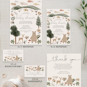 Peut inclure: Un ensemble d'invitations et de cartes de remerciement pour une f&ecirc;te pr&eacute;natale imprimables sur le th&egrave;me de la for&ecirc;t avec un ours brun, un cerf et un lapin. Les invitations mesurent 12,7x17,8 cm et 10,2x15,2 cm. La carte de remerciement mesure 13,3x13,3 cm. Les cartes sont d&eacute;cor&eacute;es d'illustrations aquarelle d'animaux de la for&ecirc;t et de verdure.