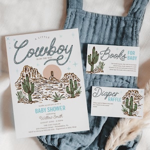 Western Cowboy Baby Shower Invitation Bundle, Boy Baby Shower Invite Set Template, Printable, Thank You, Diaper Raffle, Books For Baby