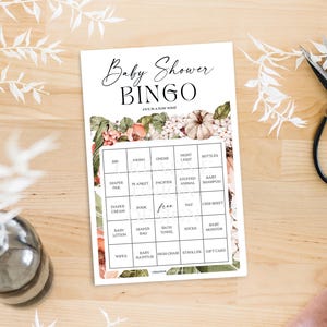 Bingo de baby shower con calabaza especiada, 60 hojas de juego únicas, juegos de baby shower, baby shower, descarga instantánea, baby shower boho, pequeña calabaza