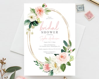 Floral Bridal Shower Invitation Template, Bridal Shower Invite, Bridal Brunch Invite, Gold Frame, Blush Roses, Airy Blush, Brunch and Bubbly