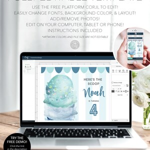 May include: A digital birthday invitation template displayed on a laptop screen, featuring a watercolor ice cream cone illustration, blue striped background, and text reading Here's the scoop Noah is turning 4. Includes a mobile phone preview.