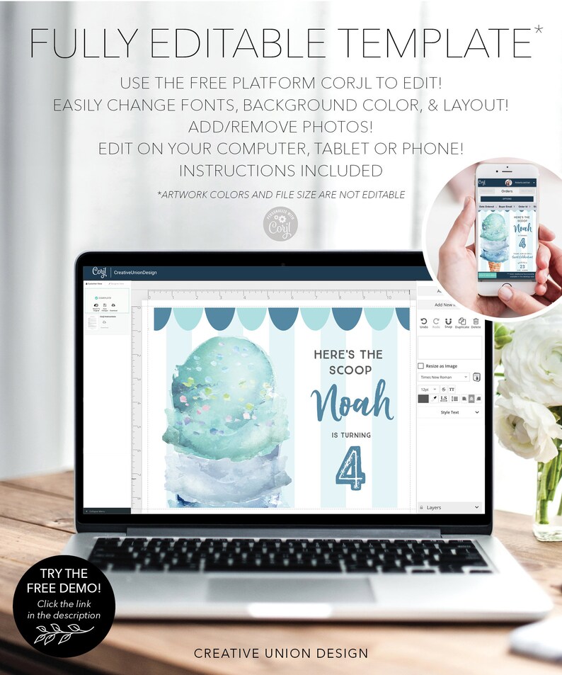 May include: A digital birthday invitation template displayed on a laptop screen, featuring a watercolor ice cream cone illustration, blue striped background, and text reading Here's the scoop Noah is turning 4. Includes a mobile phone preview.