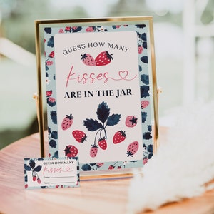 Hoeveel kussen spelsjabloon, Berry Sweet Baby Shower Game, Kisses Game, bord en kaarten, aardbei babyshower decor, afdrukbaar, snoep