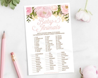 Baby Animals Baby Shower Game, Baby Shower Games, Who's My Mama,Girl Baby Shower, Instant Download, Baby Shower, Pink Peony Floral