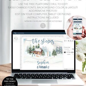 K&ouml;nnte beinhalten: Ein Laptop zeigt eine winterliche Einladungsvorlage mit dem Text "the slopes" und "Sophia wird 12". Das Design umfasst eine H&uuml;tte, B&auml;ume und Skier. Der Bildschirm zeigt auch Bearbeitungsoptionen.