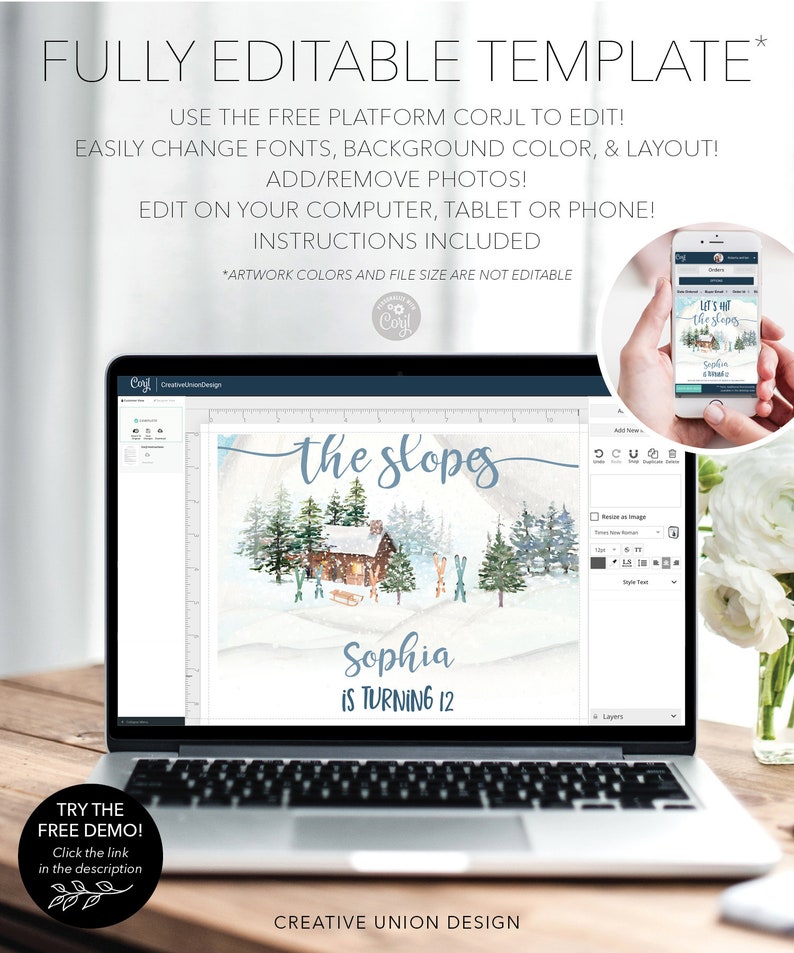 K&ouml;nnte beinhalten: Ein Laptop zeigt eine winterliche Einladungsvorlage mit dem Text "the slopes" und "Sophia wird 12". Das Design umfasst eine H&uuml;tte, B&auml;ume und Skier. Der Bildschirm zeigt auch Bearbeitungsoptionen.