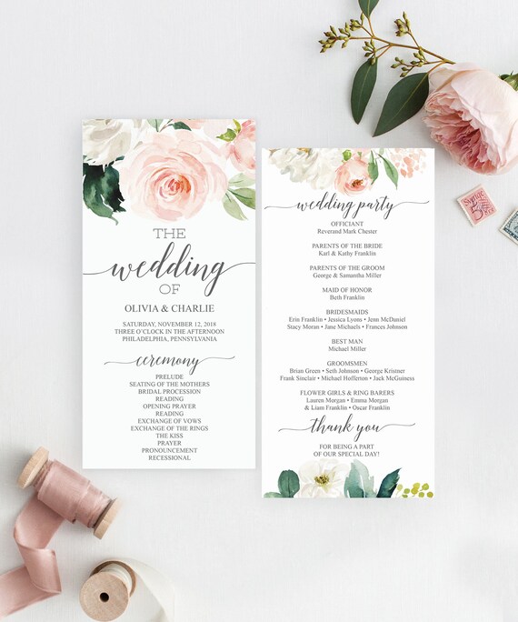 Blushing Blooms Wedding Programs Template 4x8 Wedding Etsy