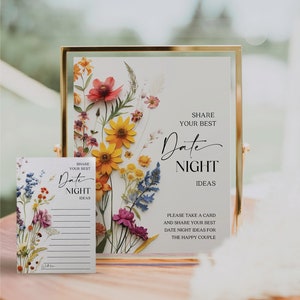 Tarjeta y letrero con ideas para una noche de cita, letrero con ideas para una noche de cita, despedida de soltera moderna, plantilla de tarjeta para una noche de cita, flores prensadas, flores silvestres, minimalista