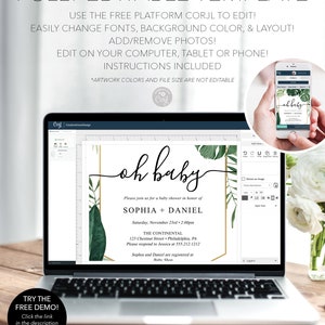 May include: A digital mockup of a baby shower invitation template on a laptop screen. The invitation features a green and gold design with the text "oh baby" and the names "Sophia + Daniel". The text "Try the Free Demo!" is visible in the lower left corner of the image.