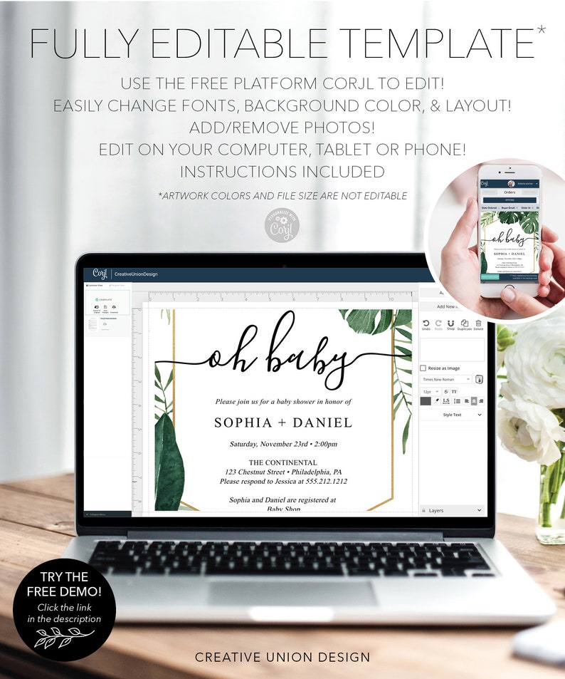 May include: A digital mockup of a baby shower invitation template on a laptop screen. The invitation features a green and gold design with the text "oh baby" and the names "Sophia + Daniel". The text "Try the Free Demo!" is visible in the lower left corner of the image.