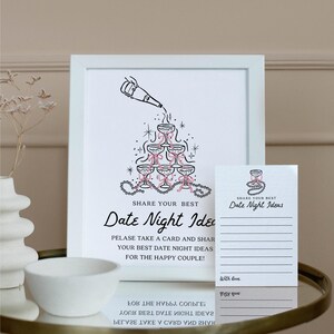 Tarjeta y letrero con ideas para una cita nocturna, letrero con ideas para una cita nocturna, despedida de soltera moderna, plantilla de tarjeta para una cita nocturna, dibujado a mano, perlas, champán, lazo