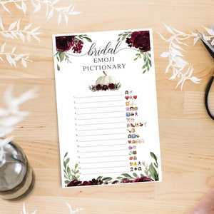 Emoji Bridal Shower Game, Bridal Shower Games Printable, Pictionary Game, Wedding Shower Games, Instant Download, Burgundy Pumpkin