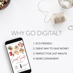 Pu&ograve; includere: Uno smartphone mostra un invito a "Secret Santa Gift Exchange" con illustrazioni di regali. L'immagine include il testo: "Perch&eacute; passare al digitale?" ed elenca i vantaggi: Ecologico, ottimo modo per risparmiare, perfetto per l'ultimo minuto e pi&ugrave; conveniente.