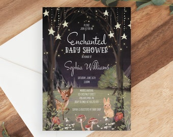Enchanted Woodland, Printable Baby Shower Invite, Editable Invites, Boy or Girl, Download, Woodland Animals, Deer, Rabbit, Stars, Neutral