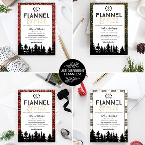 K&ouml;nnte beinhalten: Vier Einladungsdesigns mit dem Text "Flannel & Fizz" in goldfarbenen Buchstaben. Jede Einladung hat einen anderen Karomuster-Rand und eine Silhouette eines Waldes am unteren Rand. Die Einladungen sind f&uuml;r einen Junggesellinnenabschied.