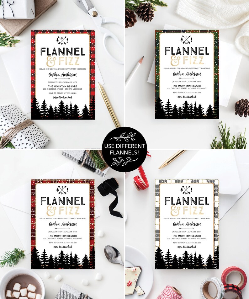 K&ouml;nnte beinhalten: Vier Einladungsdesigns mit dem Text "Flannel & Fizz" in goldfarbenen Buchstaben. Jede Einladung hat einen anderen Karomuster-Rand und eine Silhouette eines Waldes am unteren Rand. Die Einladungen sind f&uuml;r einen Junggesellinnenabschied.