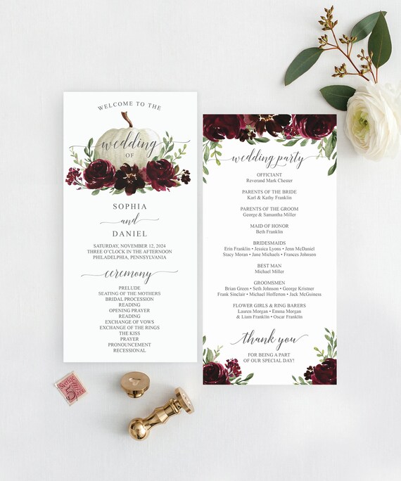 Wedding Programs Template 4x8 Wedding Program Editable Fall Wedding Program Printable Programs Instant Download Burgundy Pumpkin By Creative Union Design Catch My Party