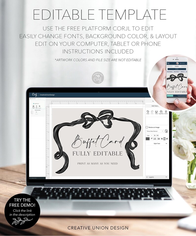 Black Bow Minimalist Buffet Card Template, Food Label, Modern Wedding