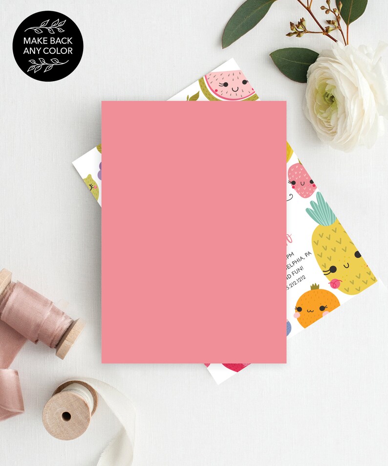 May include: A pink card with a white background featuring a pattern of cartoon fruits with smiling faces. The fruits include a watermelon, a pineapple, a strawberry, and an orange. The text on the card reads "PM, PHILADELPHIA, PA, AND FUN! 5-312-1212."